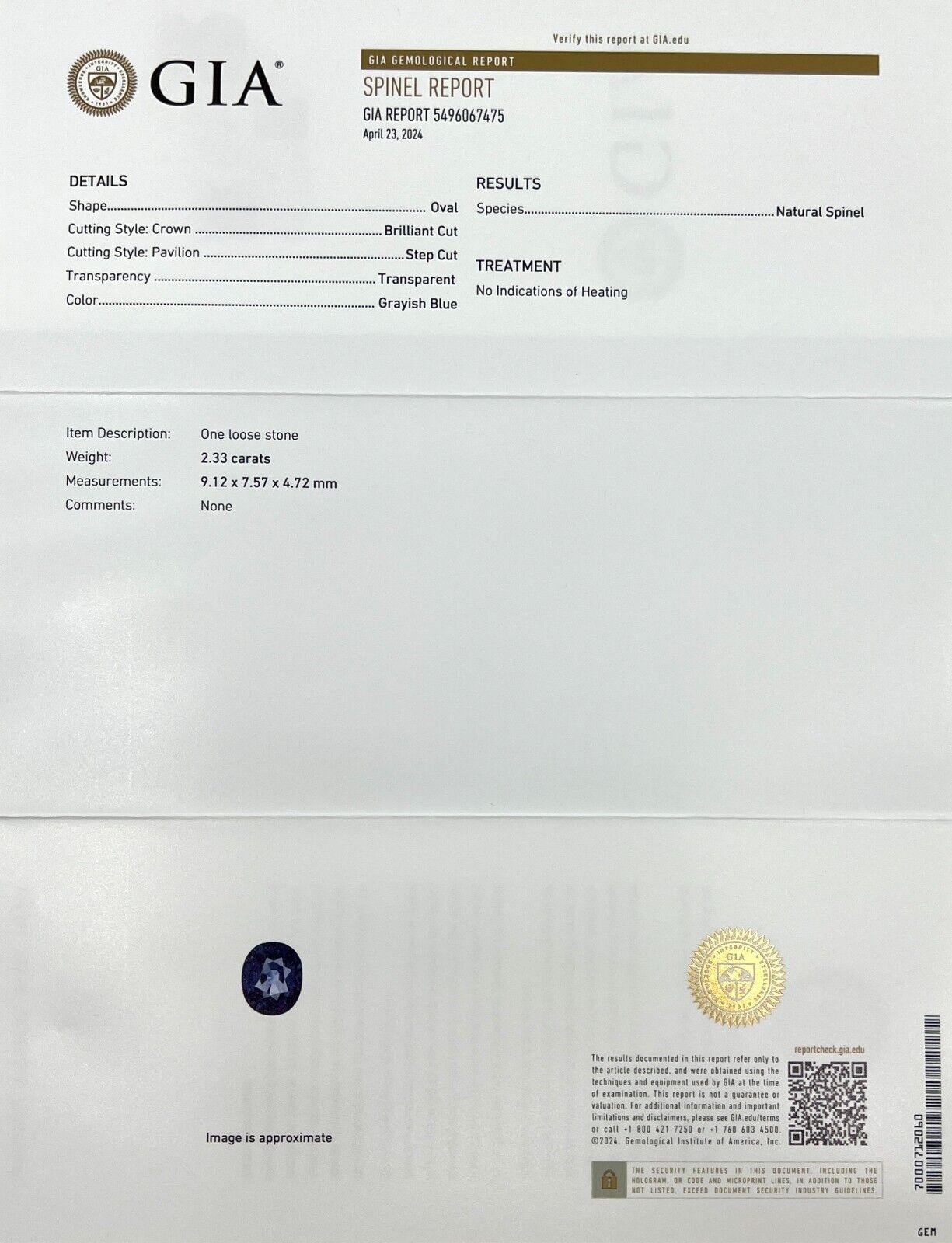 2.33ct Titanium Spinel Natural Gia Certified Grey Blue Oval Cut Gemstone

2.33 Carat untreated spinel with a deep greyish blue colour. Often referred to as 'titanium' in the trade.
Fully certified by GIA confirming stone as natural and