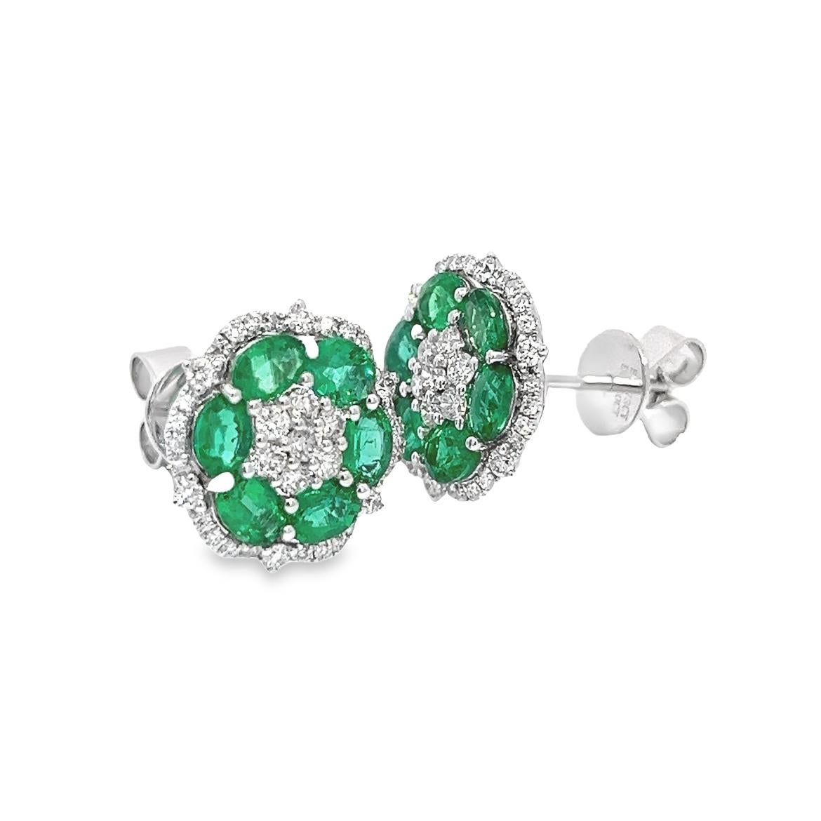 Romantic 2.33CT Total Weight Emeralds & Diamonds Flower Shape Earrings in 18K White Gold For Sale