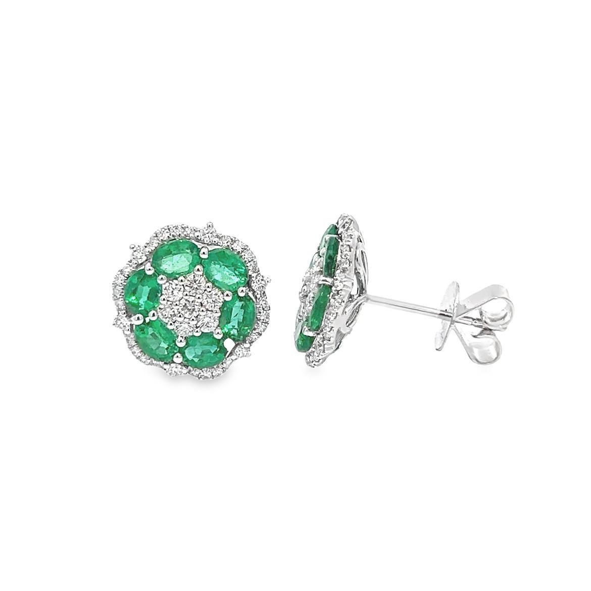 Oval Cut 2.33CT Total Weight Emeralds & Diamonds Flower Shape Earrings in 18K White Gold For Sale