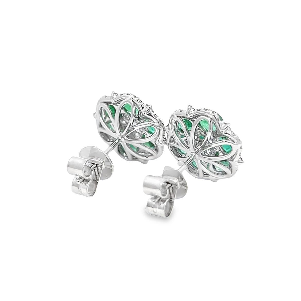 2.33CT Total Weight Emeralds & Diamonds Flower Shape Earrings in 18K White Gold In New Condition For Sale In New York, NY