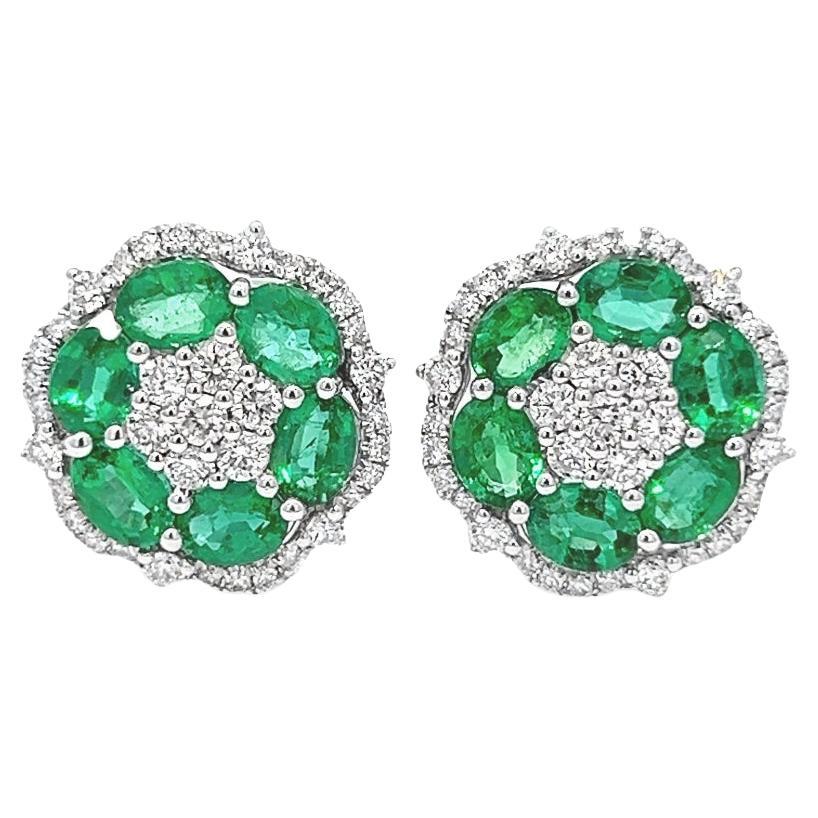 2.33CT Total Weight Emeralds & Diamonds Flower Shape Earrings in 18K White Gold For Sale