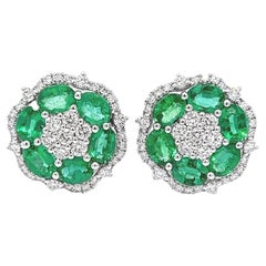 2.33CT Total Weight Emeralds & Diamonds Flower Shape Earrings in 18K White Gold