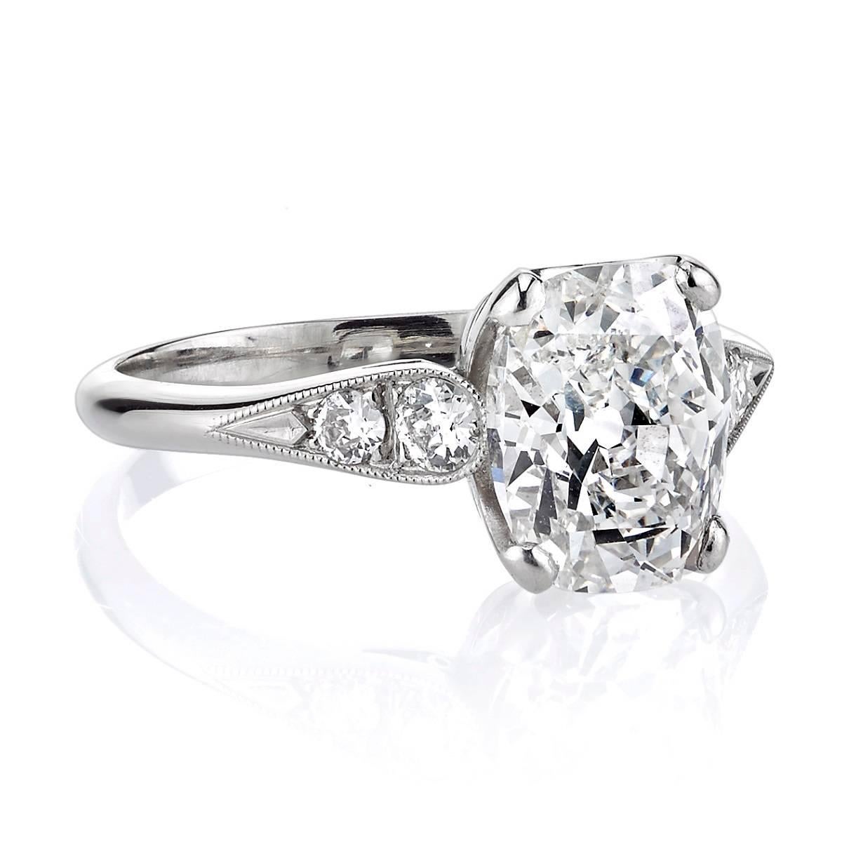 2.33ct G/SI1 GIA certified vintage Cushion cut diamond set in a handcrafted platinum mounting. A classic design featuring a prong set diamond and a tapering band. Ring is currently a size 6 and can be sized to fit. 