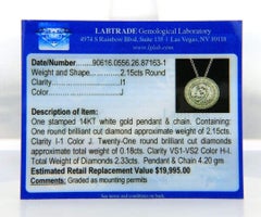 2.33ctw Round Diamond Bezel Set Halo Milgrain Pendant Necklace in 14K White Gold