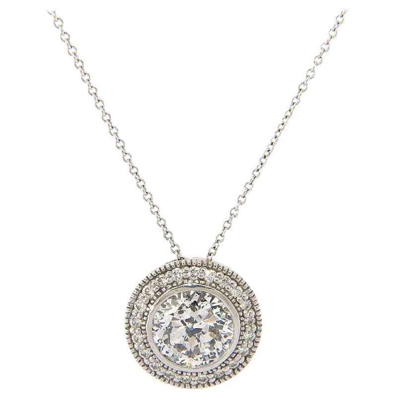 2.33ctw Round Diamond Bezel Set Halo Milgrain Pendant Necklace in 14K White Gold For Sale