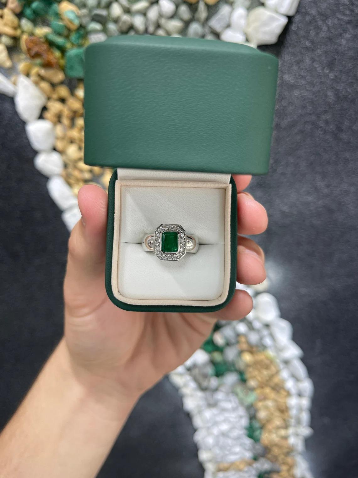 Modern 2.33tcw 14K Natural Emerald-Emerald Cut & Diamond Halo Bezel Set Gold Engagement For Sale