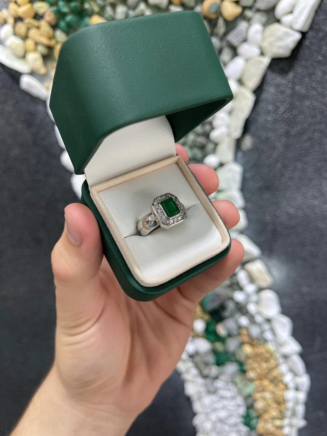 2.33tcw 14K Natural Emerald-Emerald Cut & Diamond Halo Bezel Set Gold Engagement In New Condition For Sale In Jupiter, FL