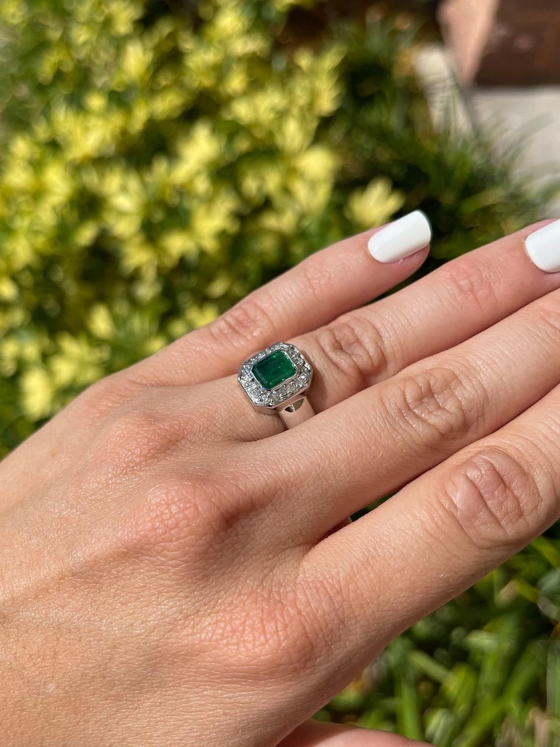 2.33tcw 14K Natural Emerald-Emerald Cut & Diamond Halo Bezel Set Gold Engagement For Sale 1