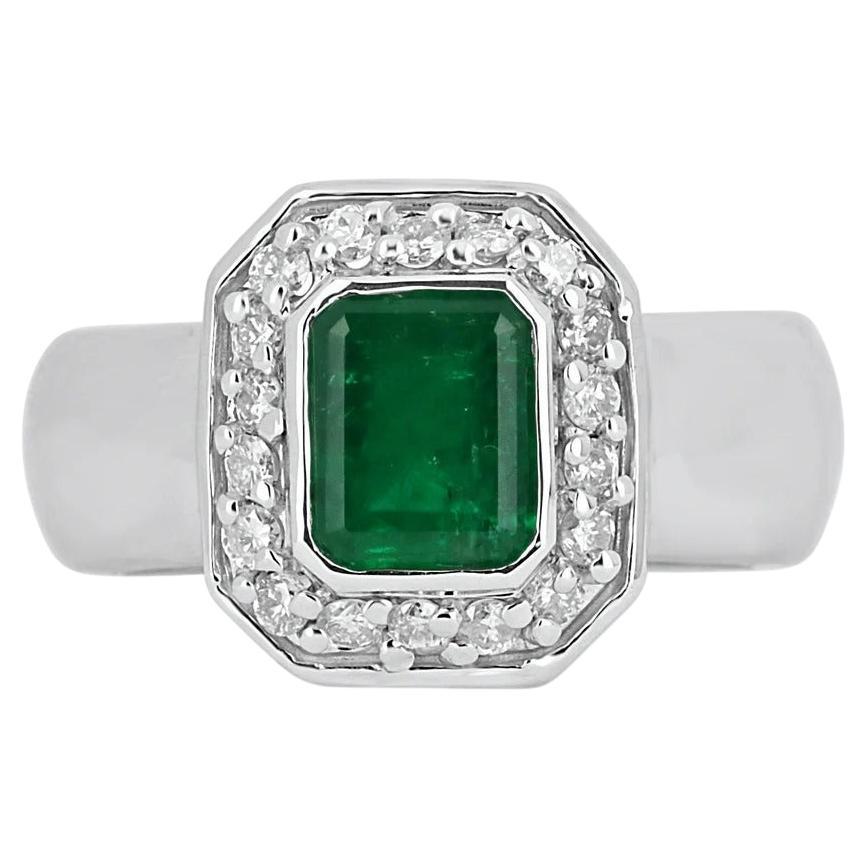 2.33tcw 14K natürlicher Smaragd-Emerald-Schliff & Diamant-Halo-Lünette-Verlobungsring aus Gold mit Halo-Lünette