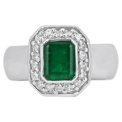 2.33tcw 14K Natural Emerald-Emerald Cut & Diamond Halo Bezel Set Gold Engagement