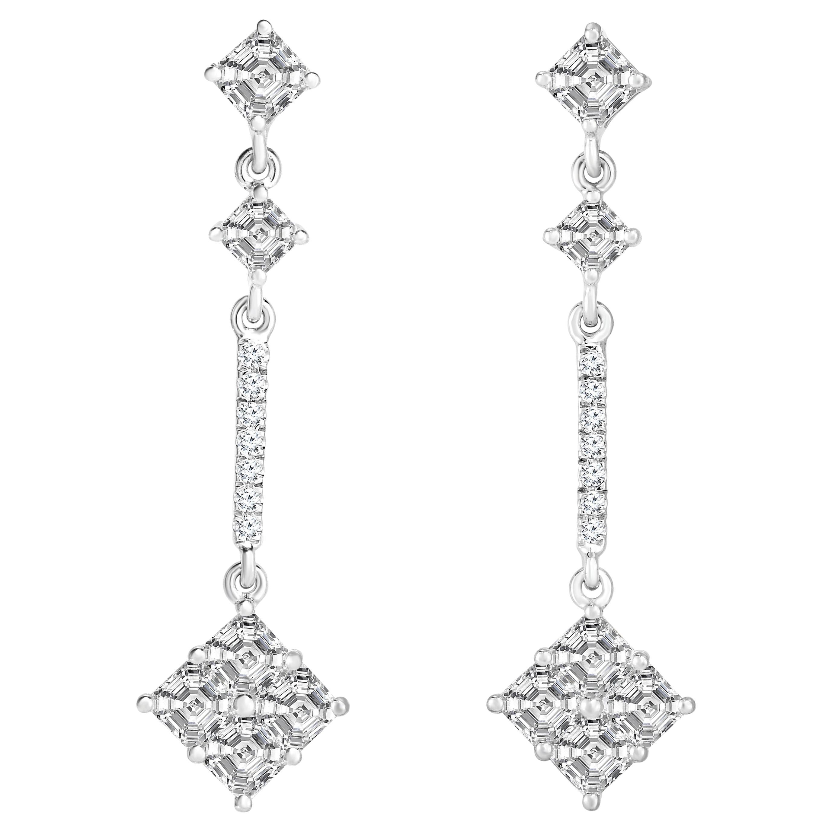 2.34 Carat Conflict Free Asscher Cut Diamond Drop Cluster Earrings in 18 Karat For Sale