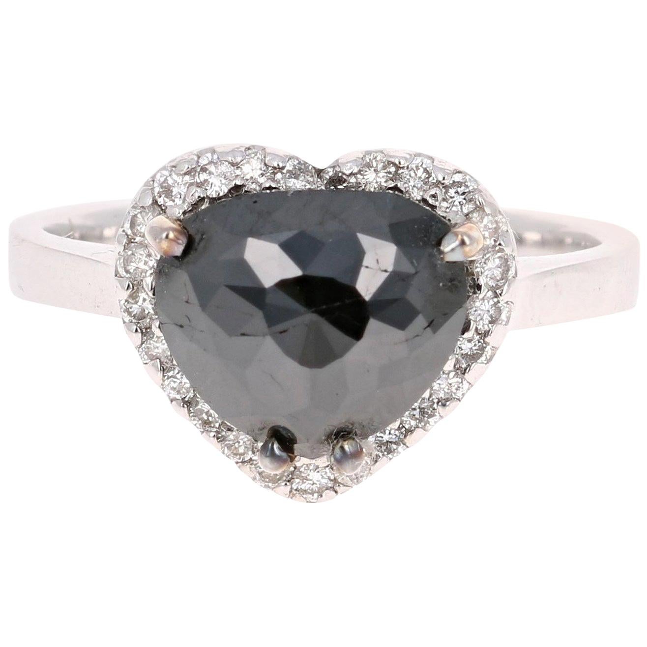 2.34 Carat Black Diamond 14 Karat White Gold Ring For Sale