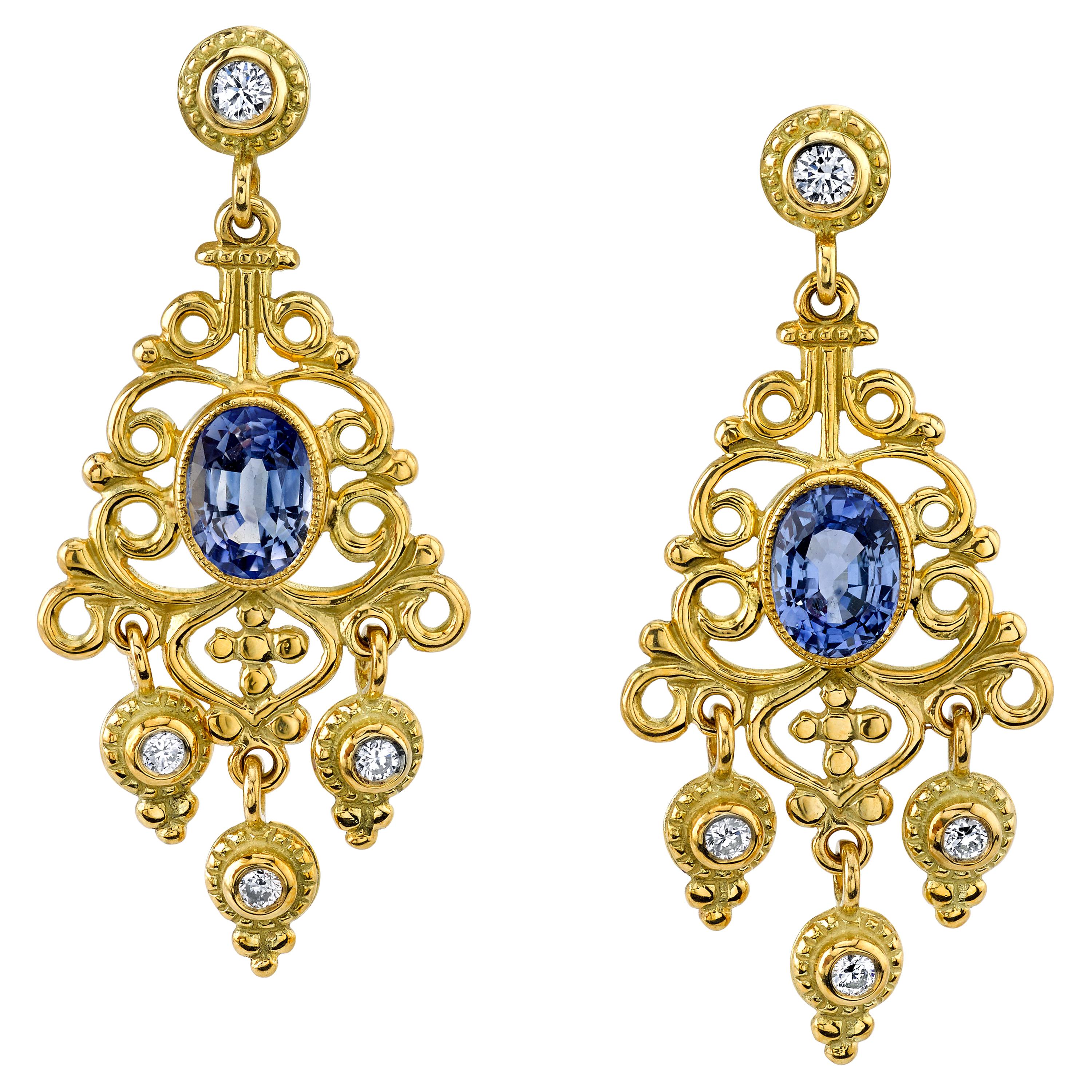 2.34 ct. t.w. Blue Sapphire, Diamond Yellow Gold Chandelier Dangle Earrings