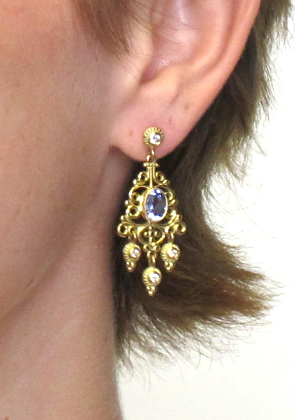 2.34 ct. t.w. Blue Sapphire, Diamond Yellow Gold Chandelier Dangle Earrings 2