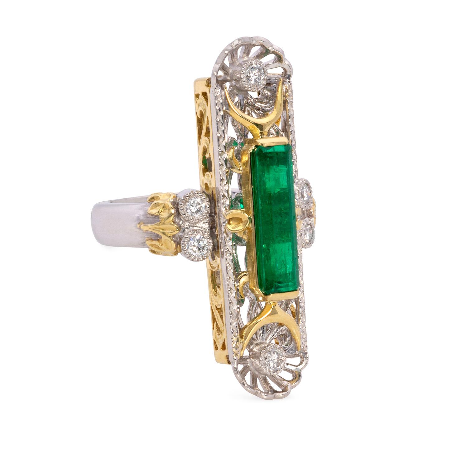 Introducing a one of a kind design with a breathtaking Emerald centerpiece! This remarkable ring was created with this rare, high-quality, very-fine Colombian Emerald in mind. The vintage platinum mount guarantees durability, while the yellow gold