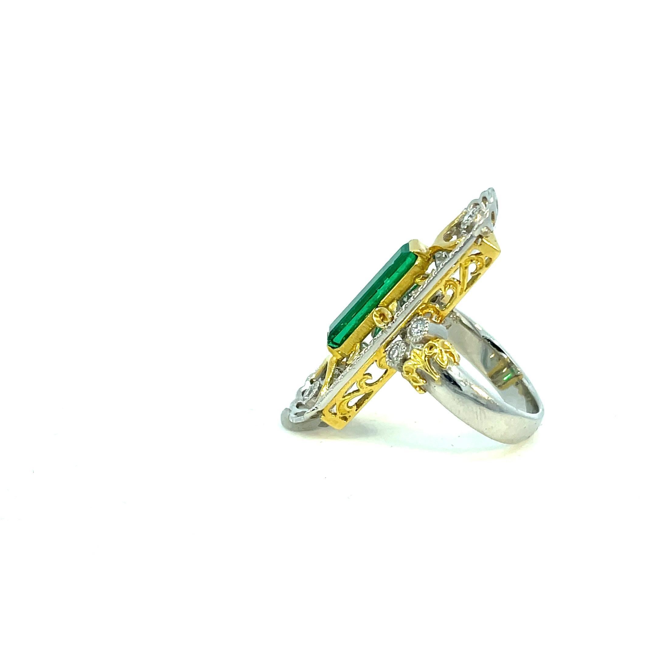 Gothic Revival 2.34 Carat Emerald Diamond Platinum Ring For Sale