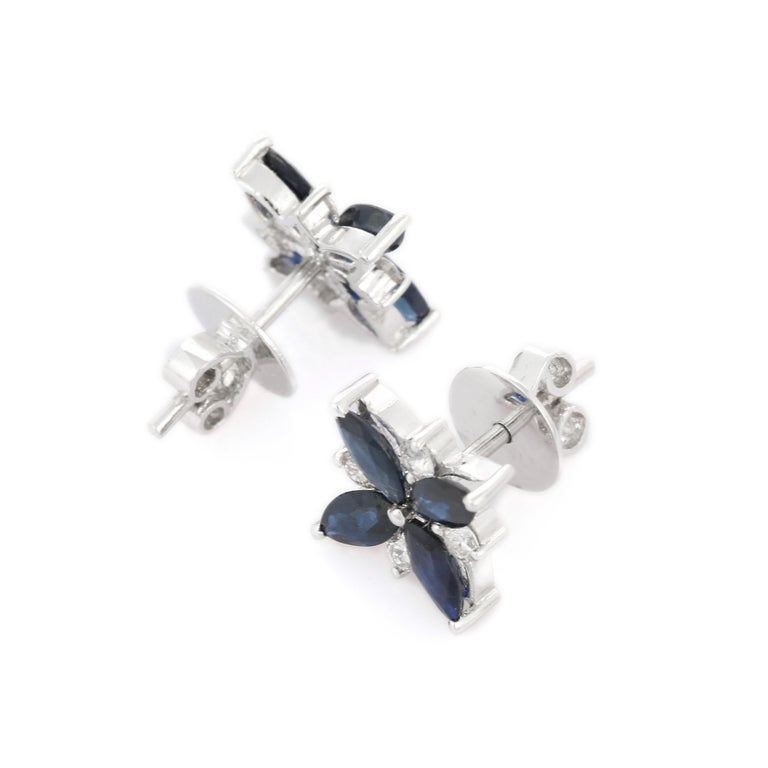 Modern 2.34 Carat Marquise Cut Blue Sapphire Floral Diamond Studs in 18K White Gold For Sale