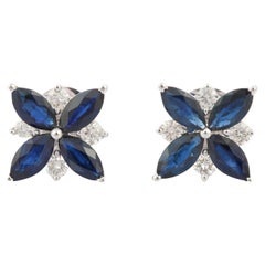 2.34 Carat Marquise Cut Blue Sapphire Floral Diamond Studs in 18K White Gold