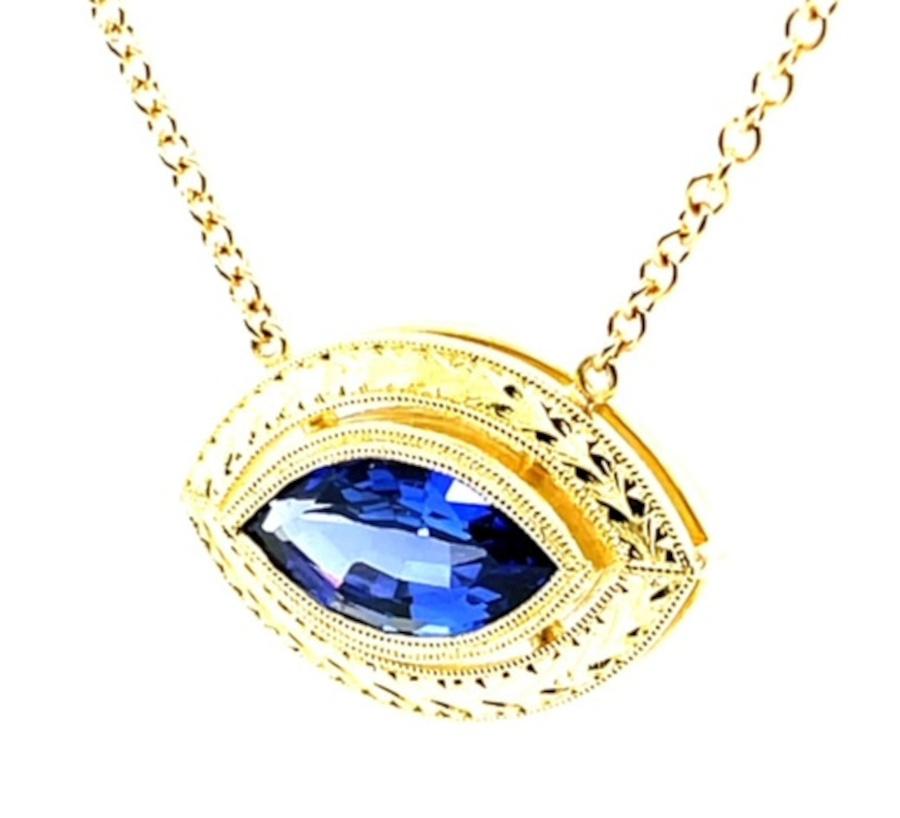 Artisan Marquise Cut Tanzanite Necklace in Yellow Gold, 2.34 Carats, Adjustable Length