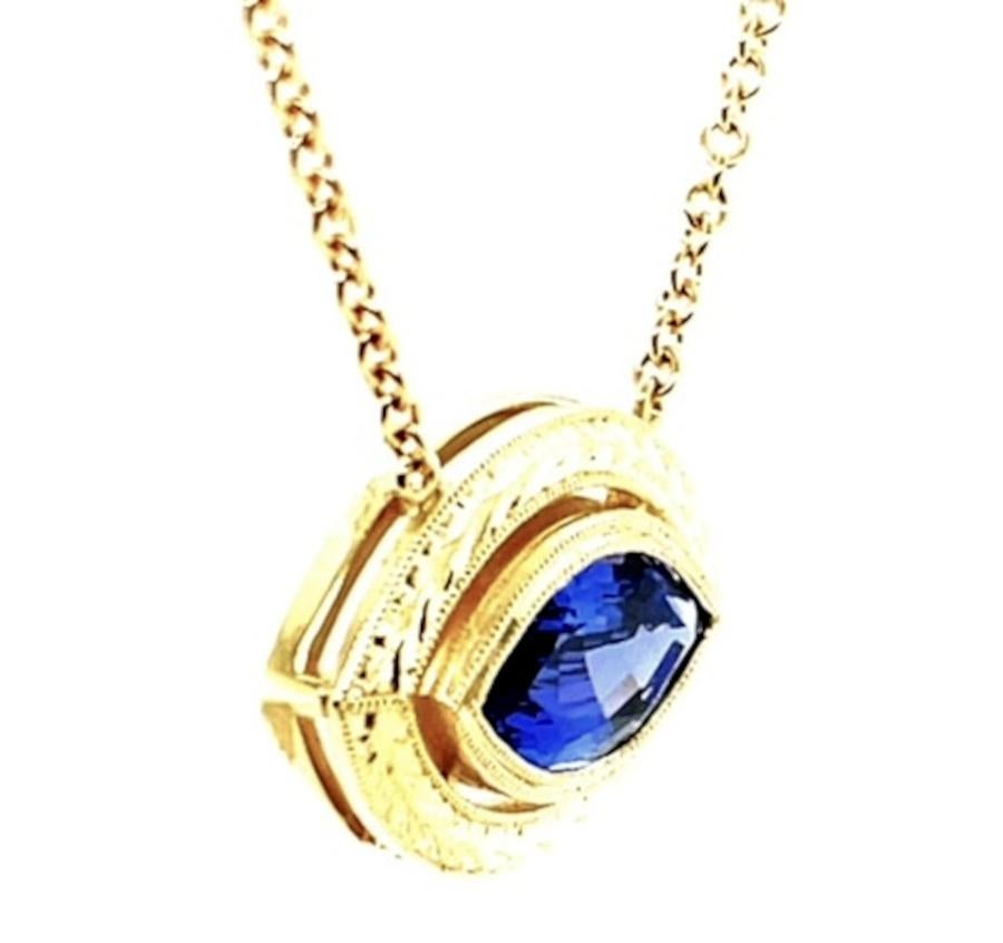 Women's or Men's Marquise Cut Tanzanite Necklace in Yellow Gold, 2.34 Carats, Adjustable Length