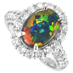 2.34 Carat Natural Australian Black Opal and Diamond Ring Made in Platinum