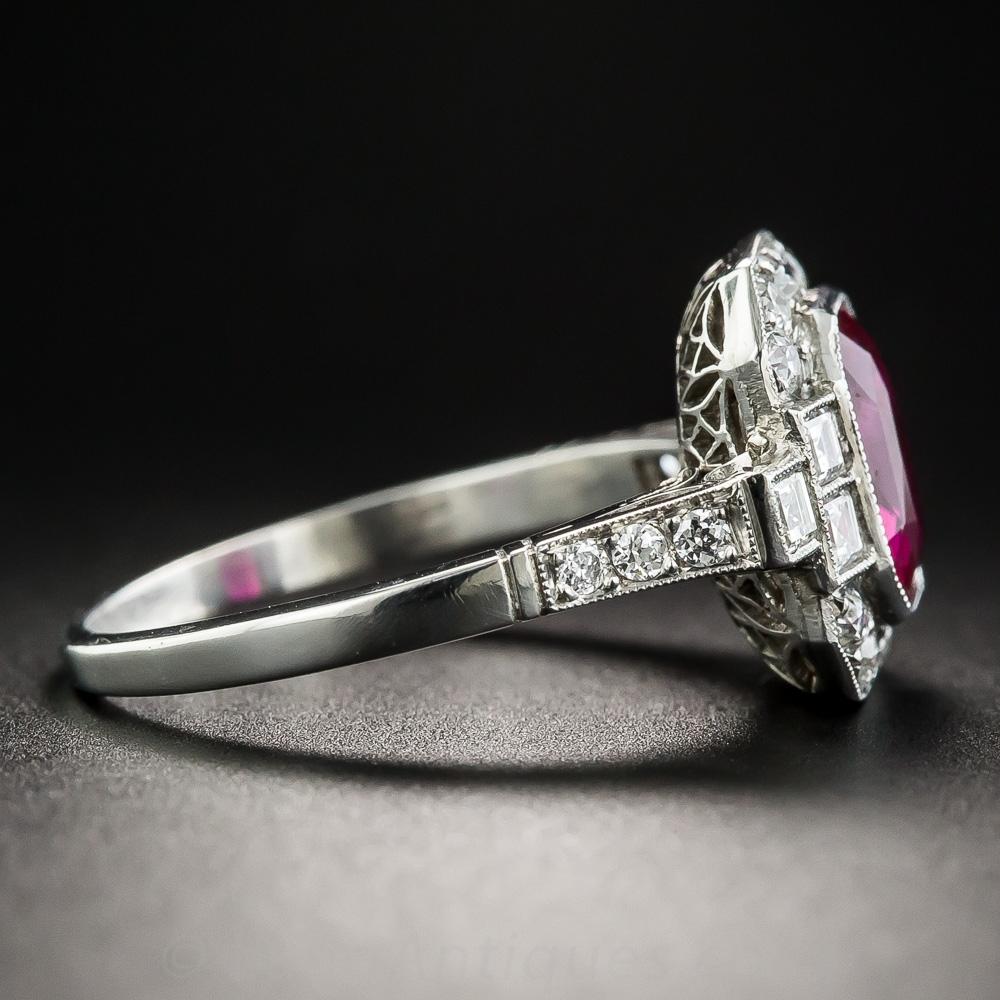 Art Deco 2.34 Carat No-Heat Burma Emerald-Cut Ruby and Diamond Ring For Sale