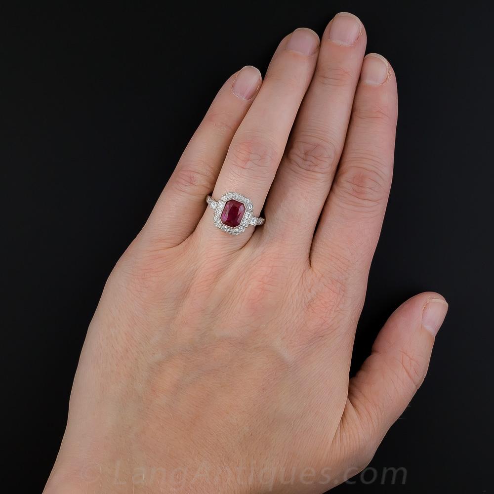 Women's or Men's 2.34 Carat No-Heat Burma Emerald-Cut Ruby and Diamond Ring For Sale