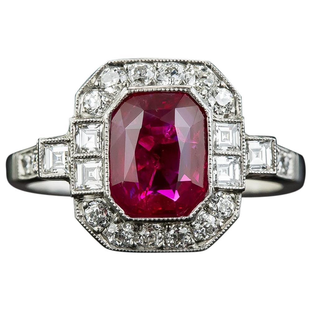 2.34 Carat No-Heat Burma Emerald-Cut Ruby and Diamond Ring For Sale