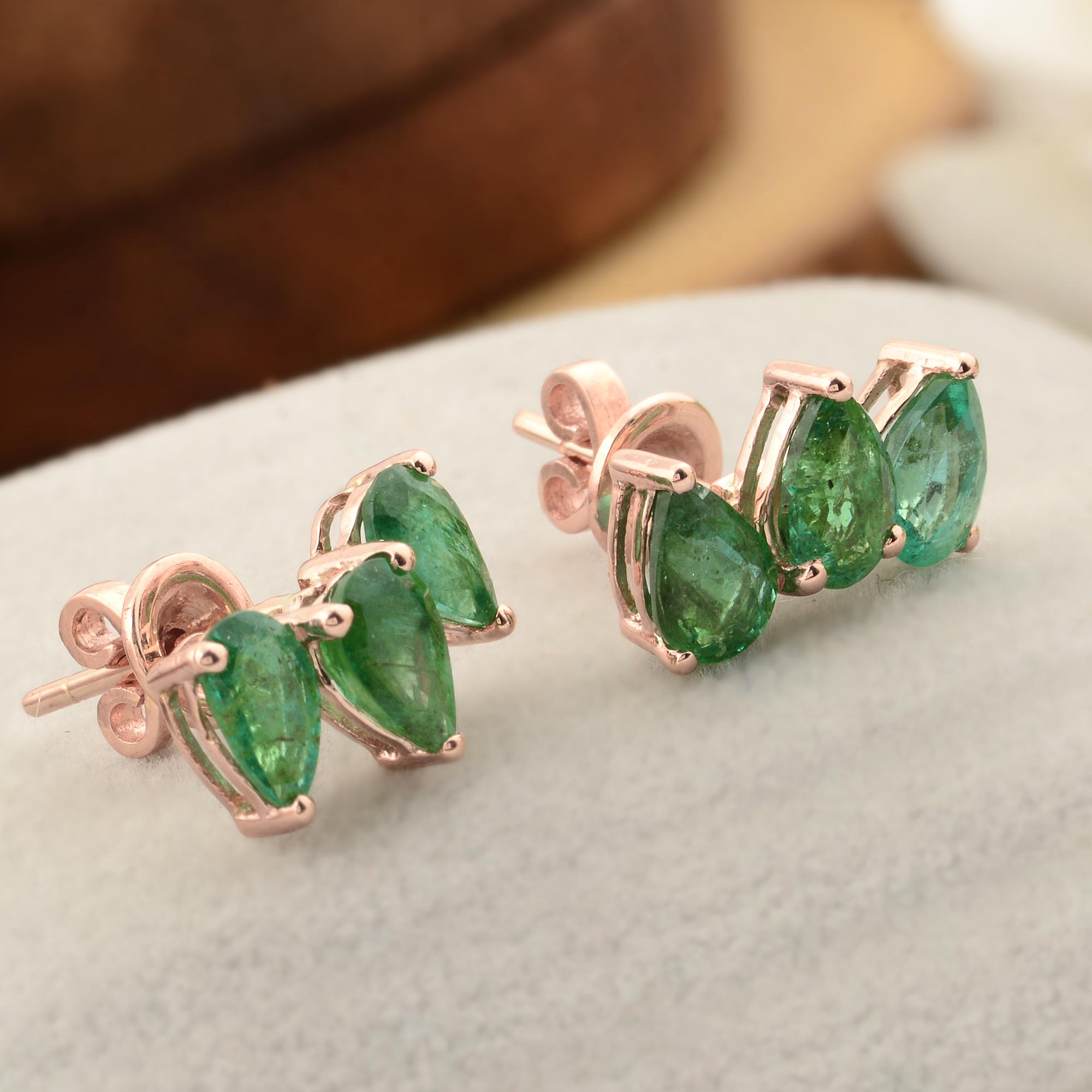 Pear Cut 2.34 Carat Pear Shape Zambian Emerald Stud Earrings 10 Karat Rose Gold Jewelry For Sale