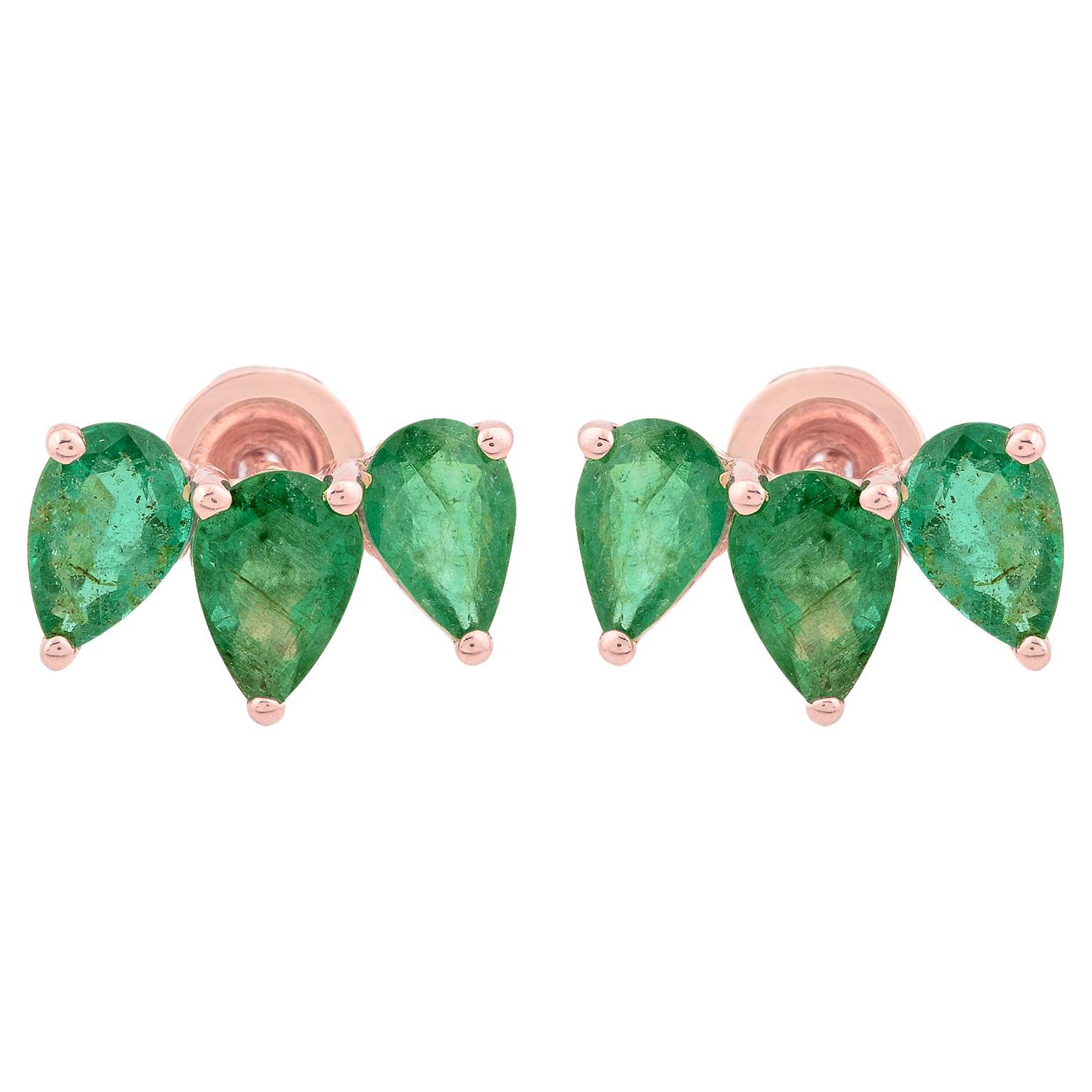 2.34 Carat Pear Shape Zambian Emerald Stud Earrings 10 Karat Rose Gold Jewelry For Sale