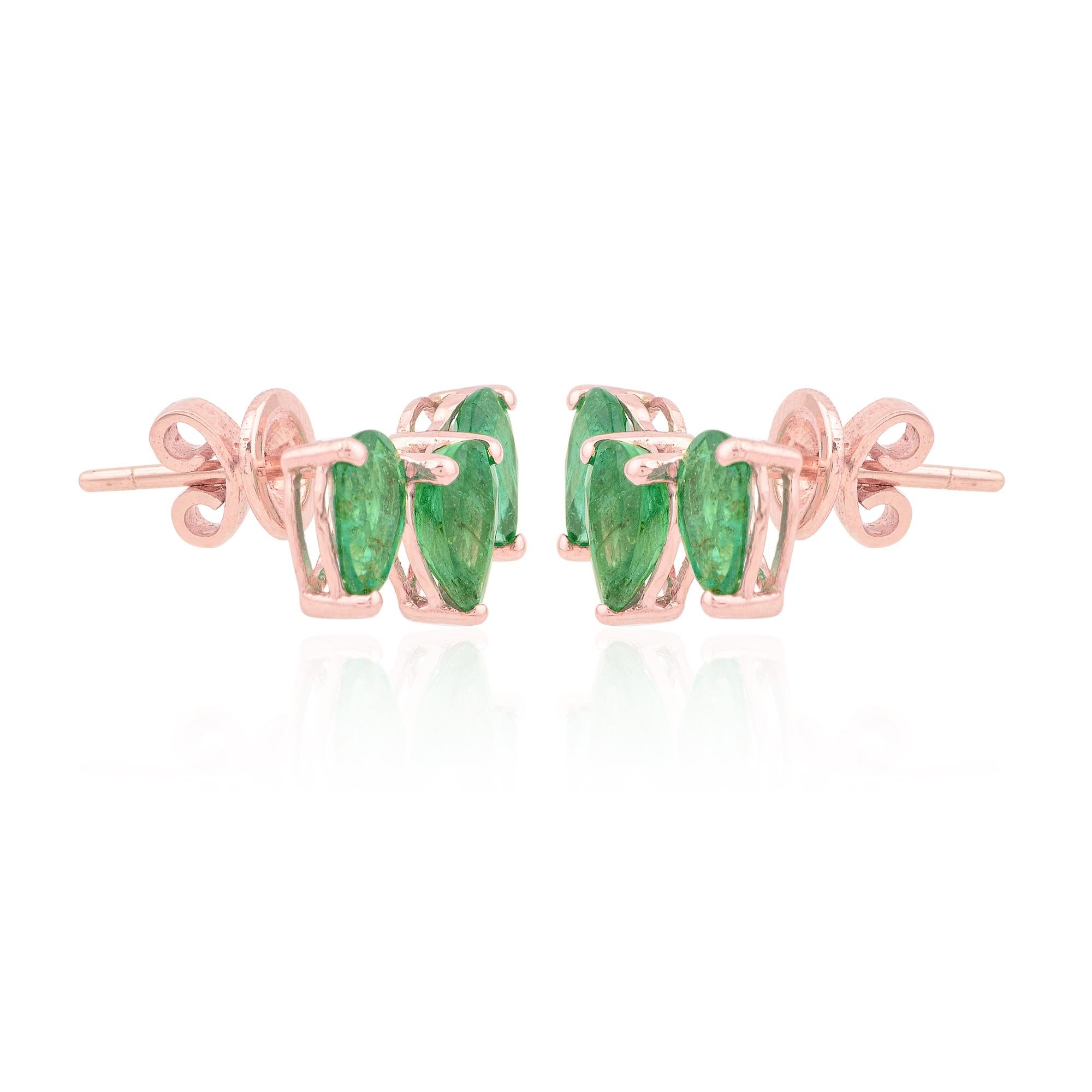 Women's 2.34 Carat Pear Shape Zambian Emerald Stud Earrings 10 Karat Rose Gold Jewelry For Sale