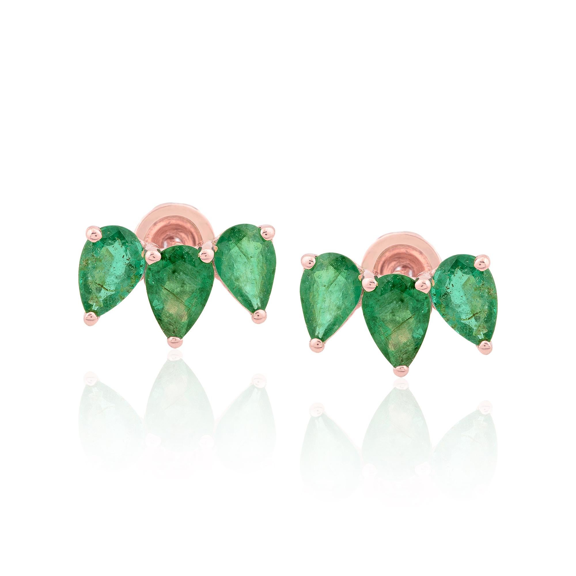 Women's 2.34 Carat Pear Shape Zambian Emerald Stud Earrings 10 Karat Rose Gold Jewelry For Sale