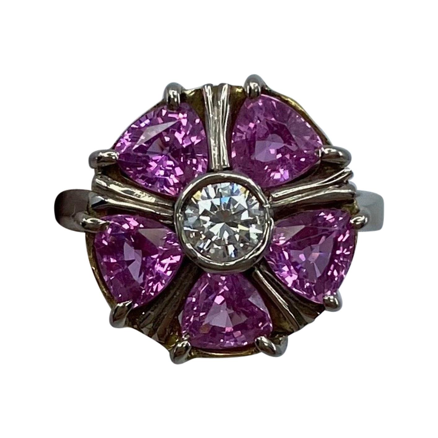 2.34 Carat Pink Sapphire Diamond 18k White Gold Flower Art Nouveau Cocktail Ring For Sale