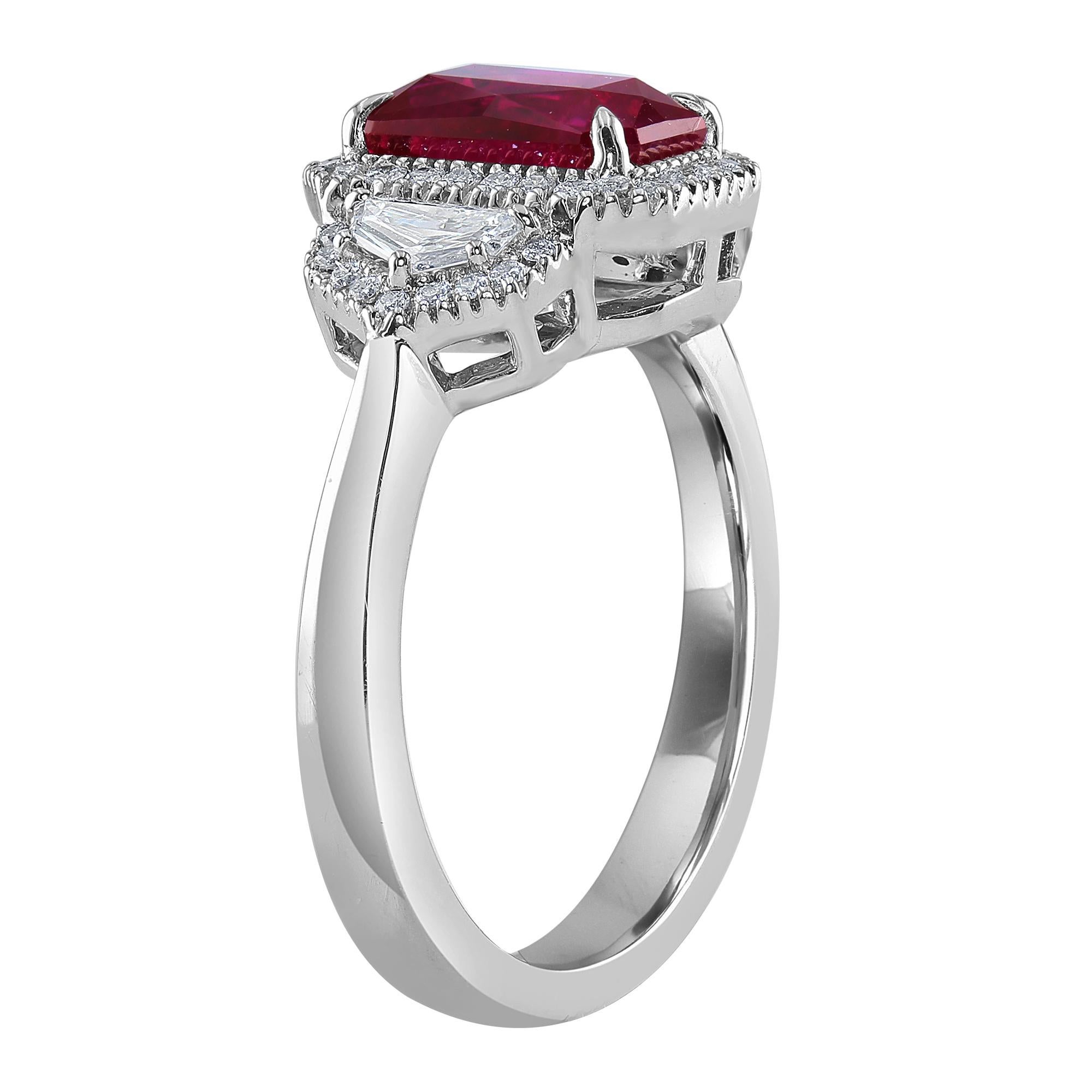 Modern 2.34 Carat Ruby and Diamond White Gold Three-Stone Ring For Sale