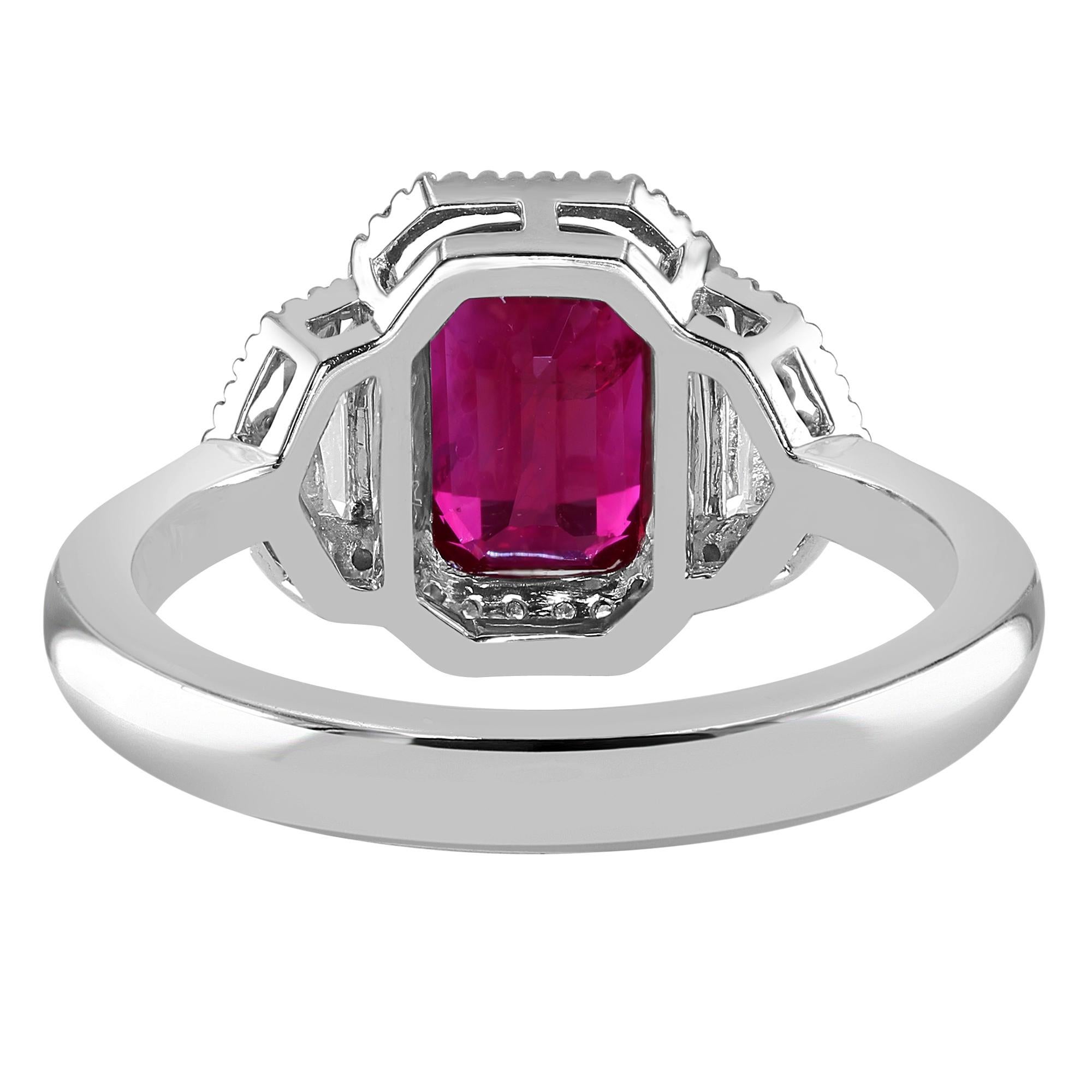 Emerald Cut 2.34 Carat Ruby and Diamond White Gold Three-Stone Ring For Sale
