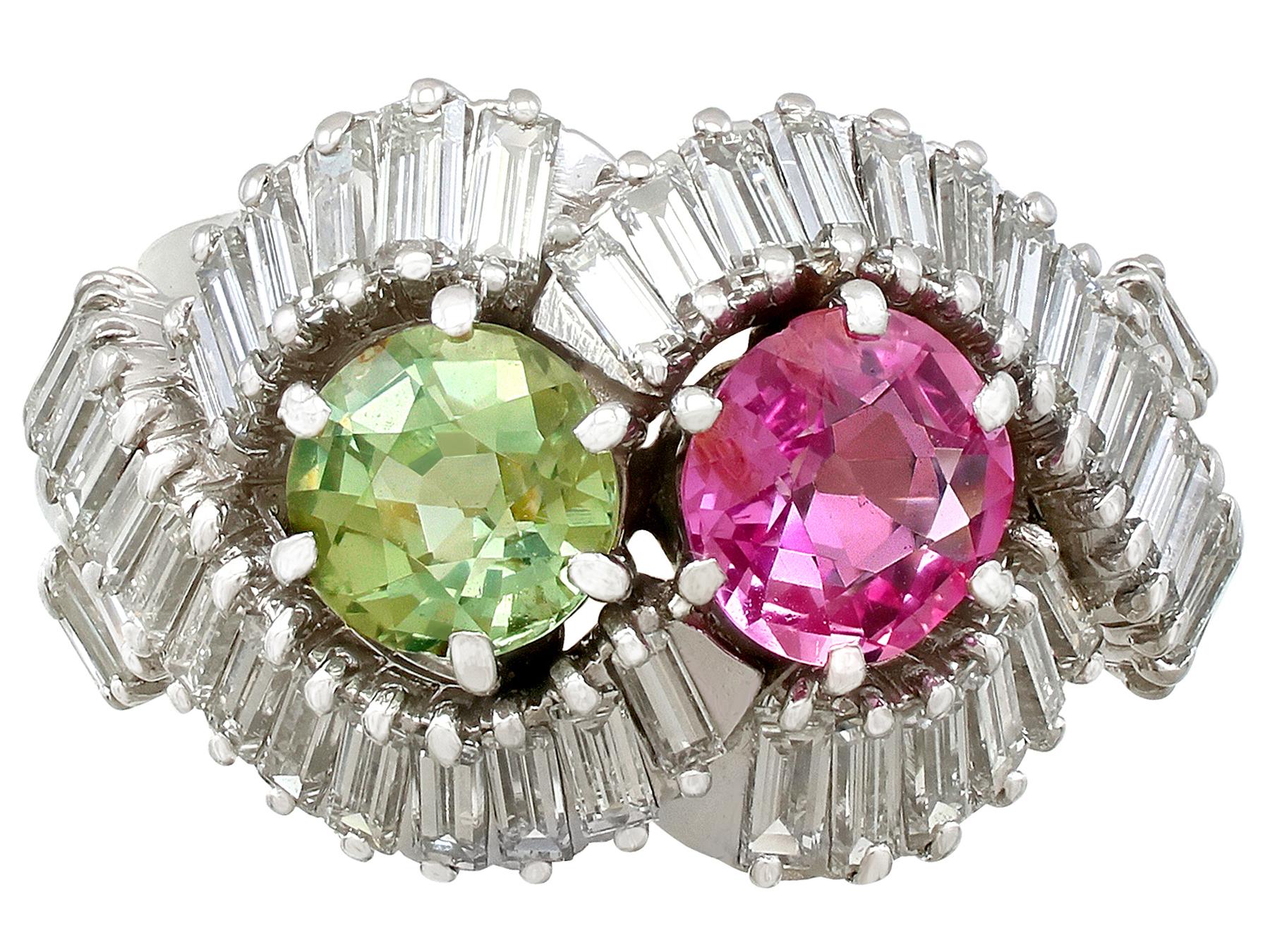 A stunning vintage French 2.34 carat pink and green sapphire, 2.45 carat diamond and platinum dress ring by Boucheron; part of our diverse gemstone jewelry collections.

This stunning, fine and impressive vintage sapphire ring has been crafted in