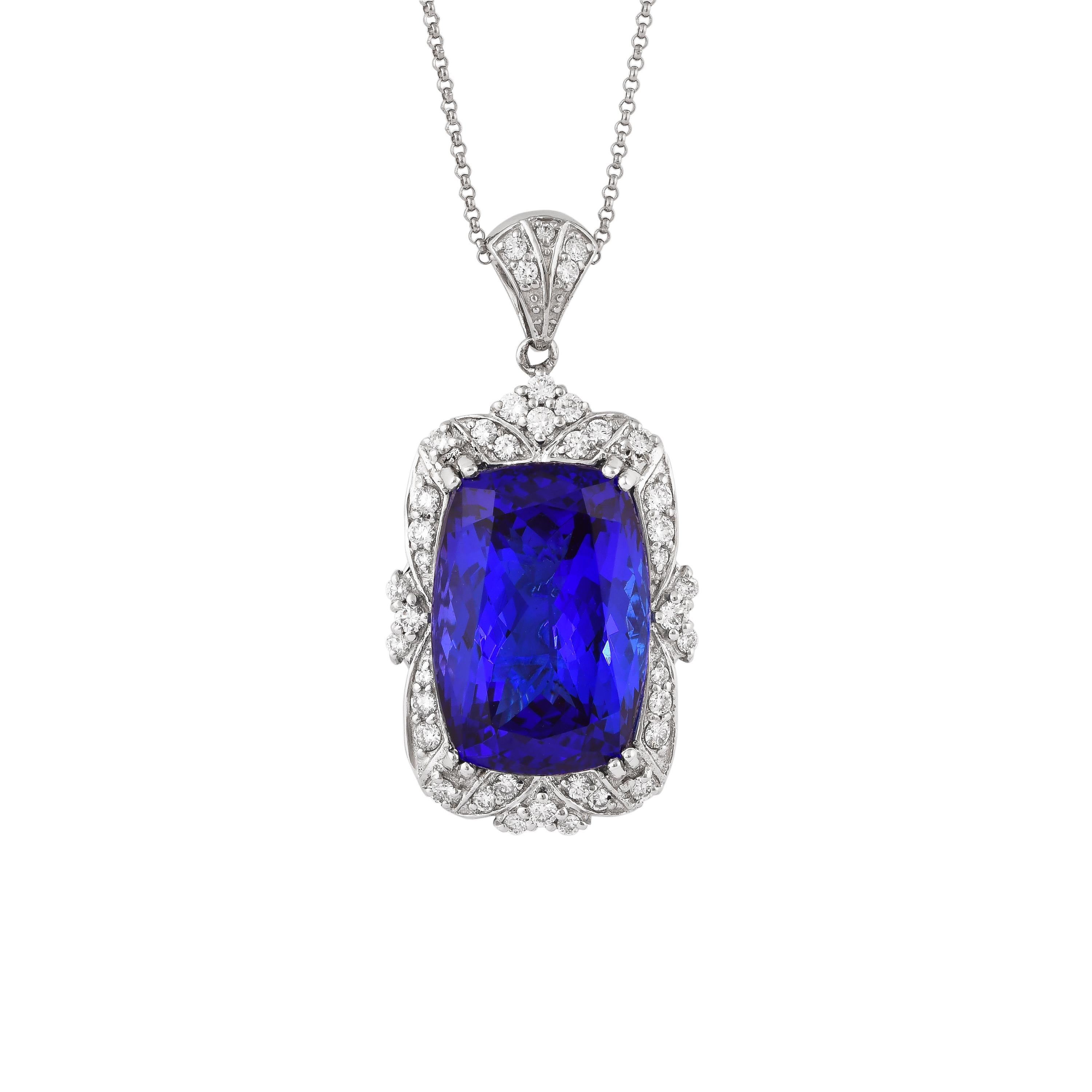 Contemporary 23.4 Carat Tanzanite and White Diamond Pendant in 18 Karat White Gold For Sale