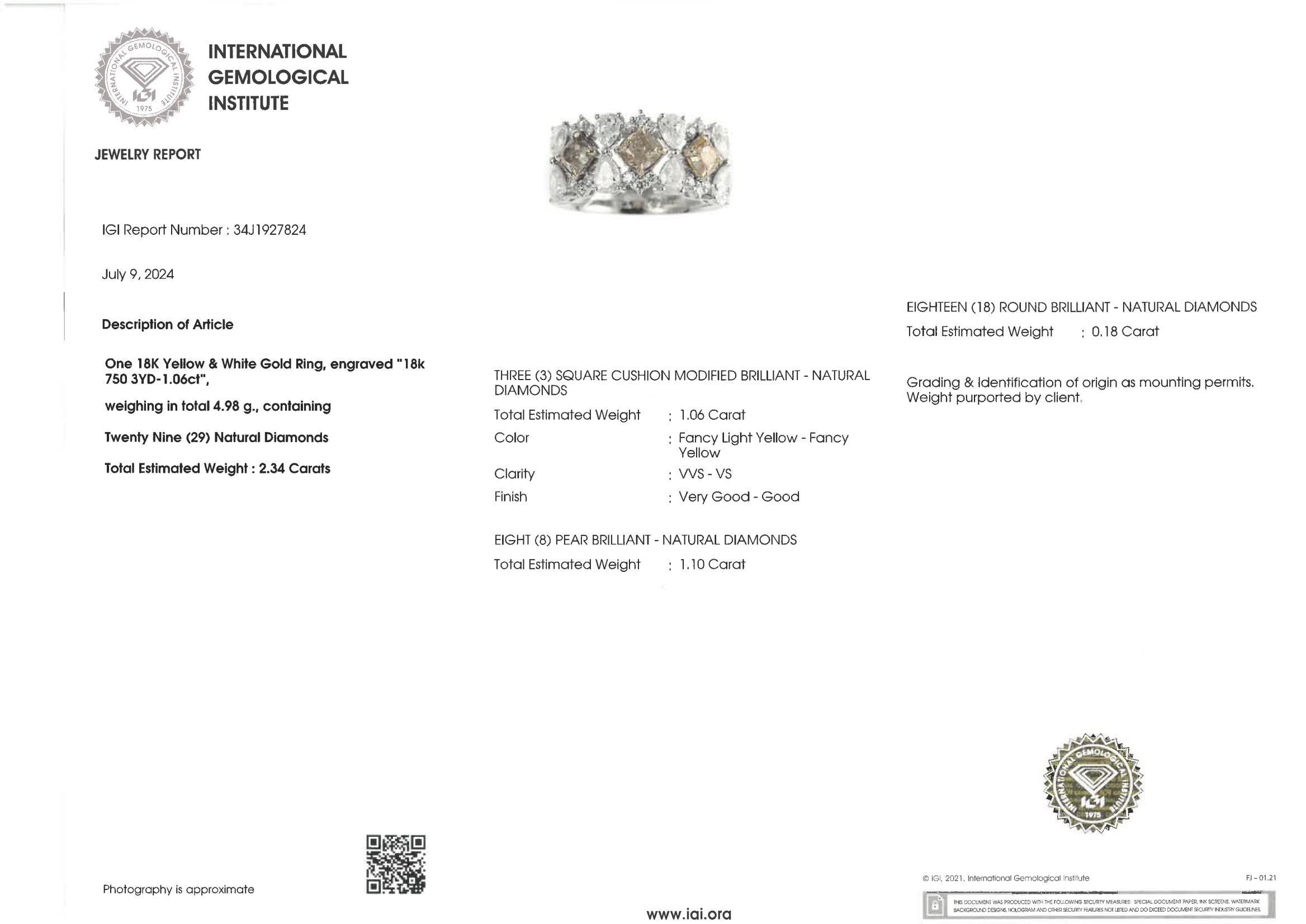 Contemporary IGI Certified 2.34 Carat Yellow Diamond Fancy Diamond Rings in 18K White Gold For Sale