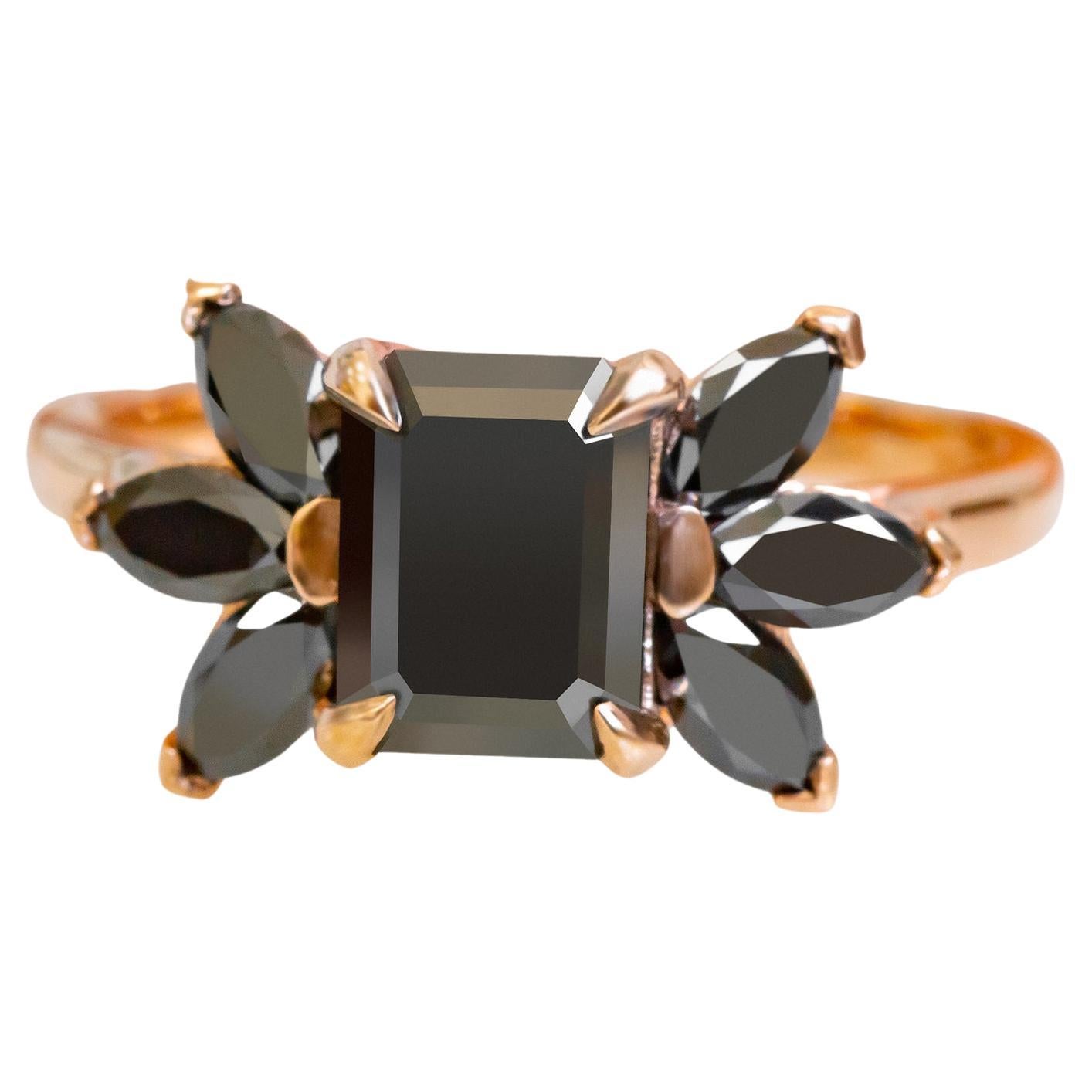 2.34 Carats Black Emerald & Marquise Art Deco Engagement Ring in 14k Rose Gold