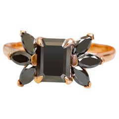 2.34 Carats Black Emerald & Marquise Art Deco Engagement Ring in 14k Rose Gold