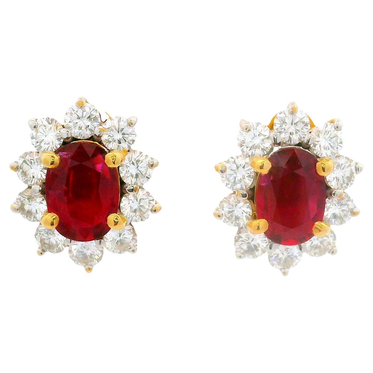 2.34 Carats Ruby Diamond 18k Yellow Gold Halo Earrings, GIA Certified