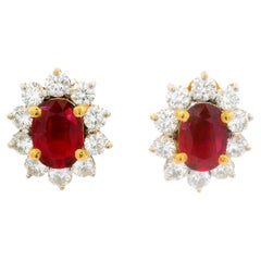 2.34 Carats Ruby Diamond 18k Yellow Gold Halo Earrings, GIA Certified