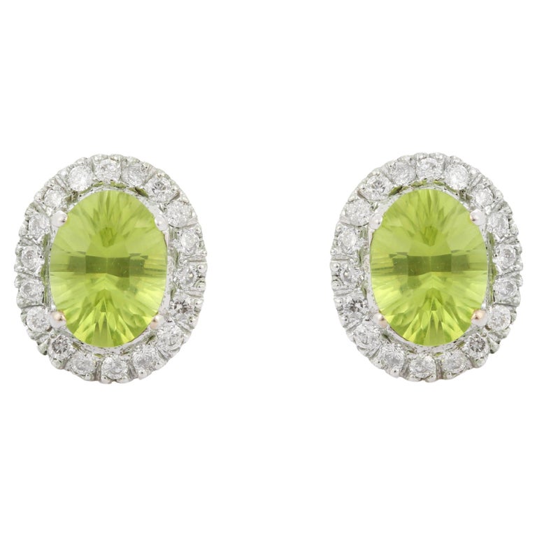 2.34 Ct Peridot and Diamond Stud Earrings in 18K White Gold For Sale