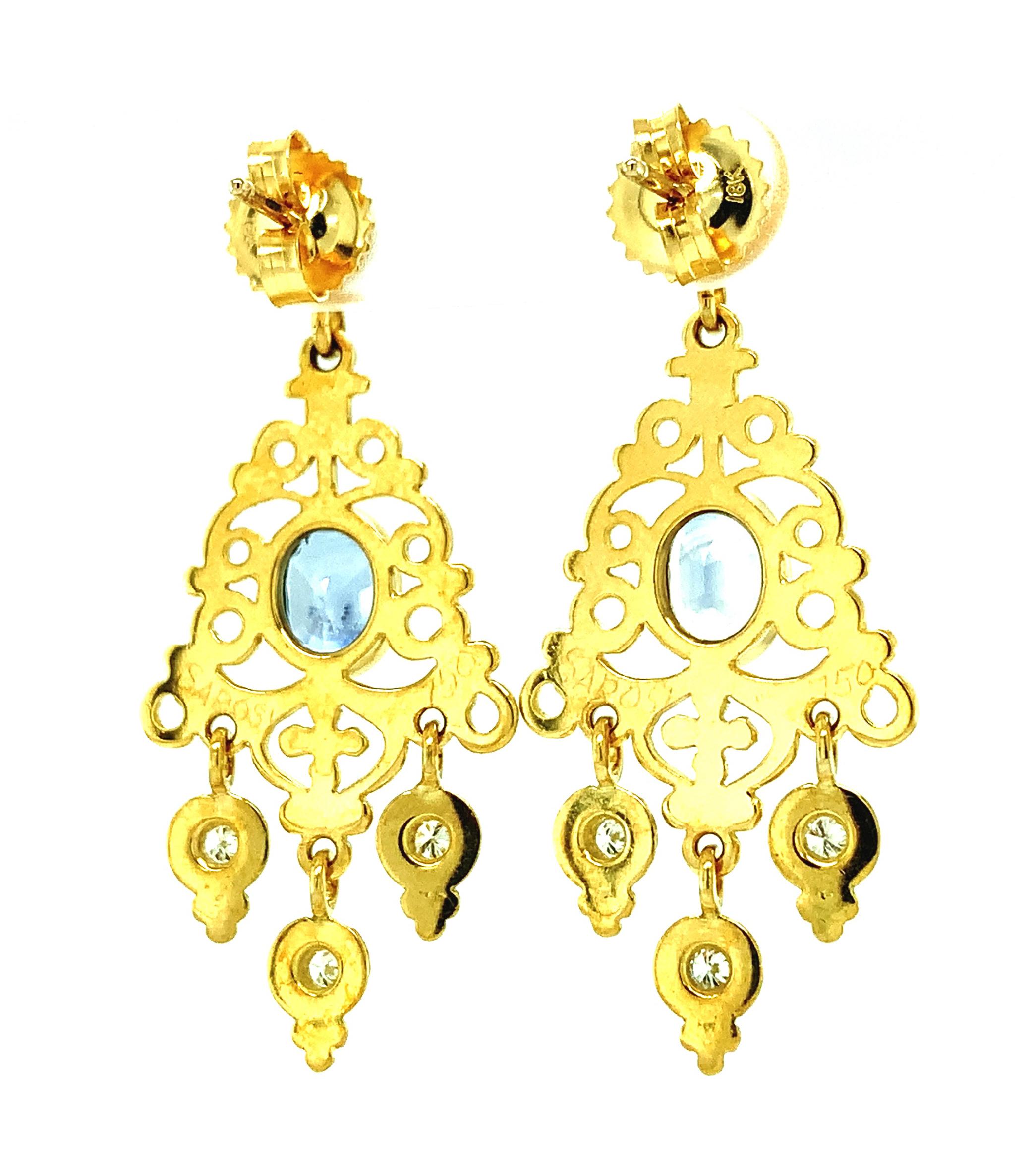 Oval Cut 2.34 ct. t.w. Blue Sapphire, Diamond Yellow Gold Chandelier Dangle Earrings