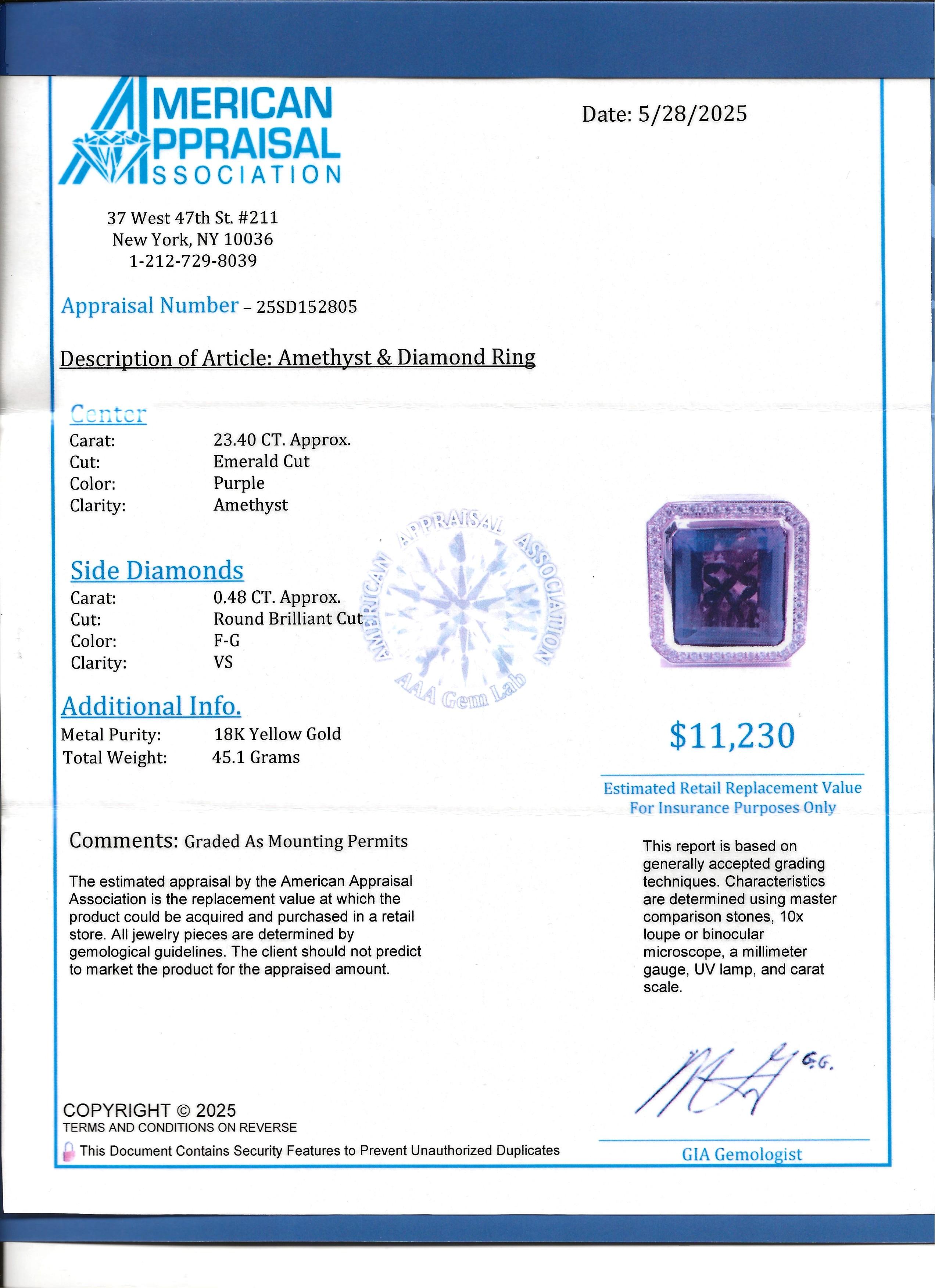 23,40 Karat Smaragdschliff Amethyst und Diamant Halo-Cocktailring aus 18 Karat Gold im Angebot 7