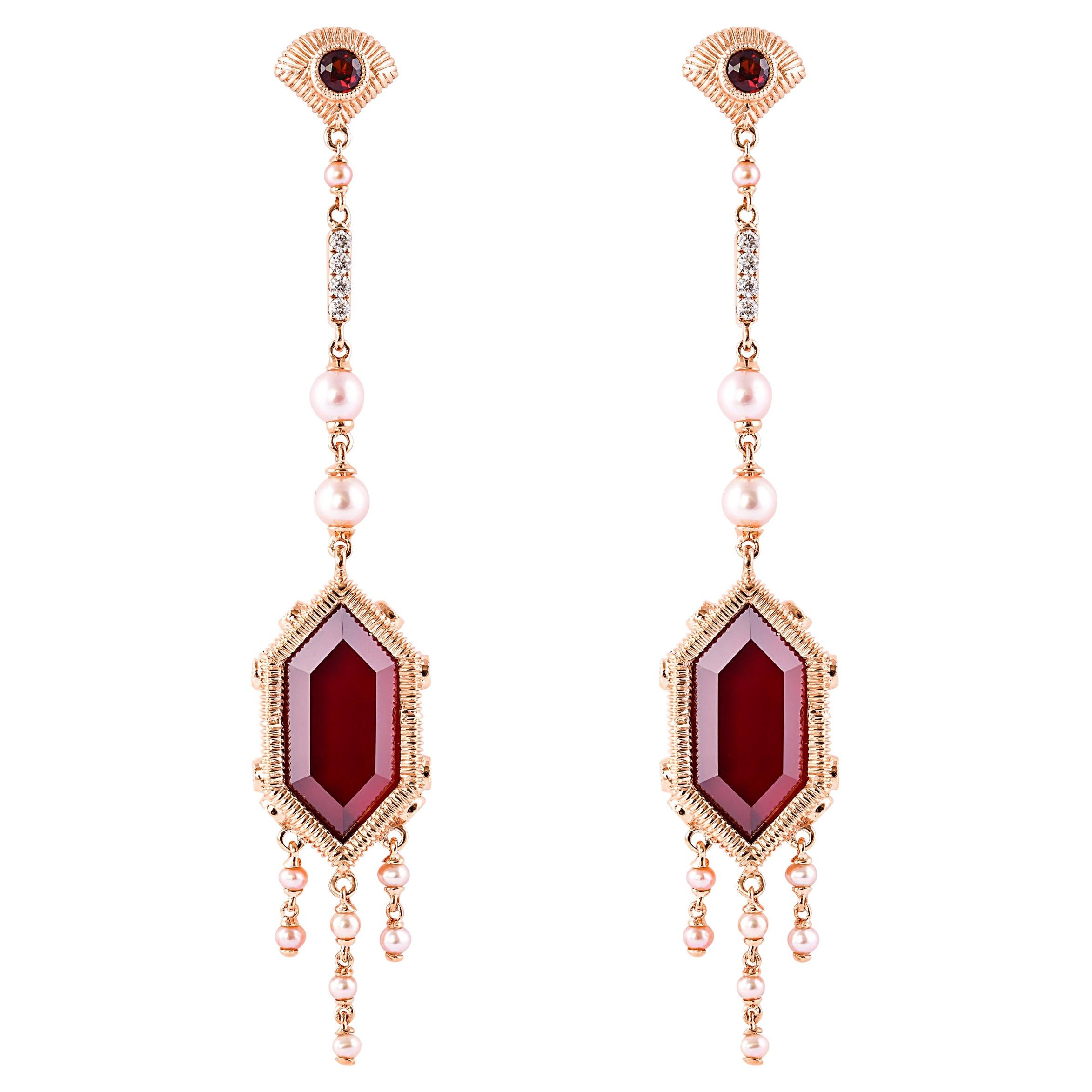 Boucles d'oreilles en or rose 18 carats avec grenat rouge 23,42 carats, diamants et perles en vente
