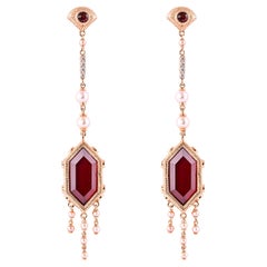 Boucles d'oreilles en or rose 18 carats avec grenat rouge 23,42 carats, diamants et perles