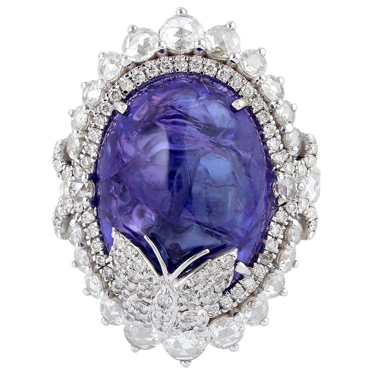 En venta: Anillo de diamantes mariposa de oro blanco de 18 quilates con tanzanita de 23,44 quilates