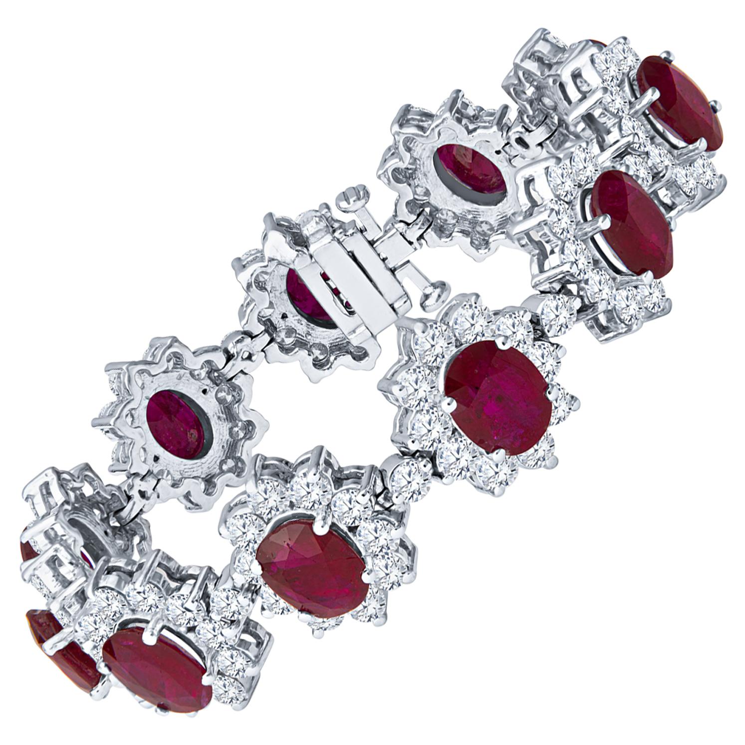 23.45 Carat Oval Ruby and 14.40ct Round Diamond Floral 18k White Gold Bracelet