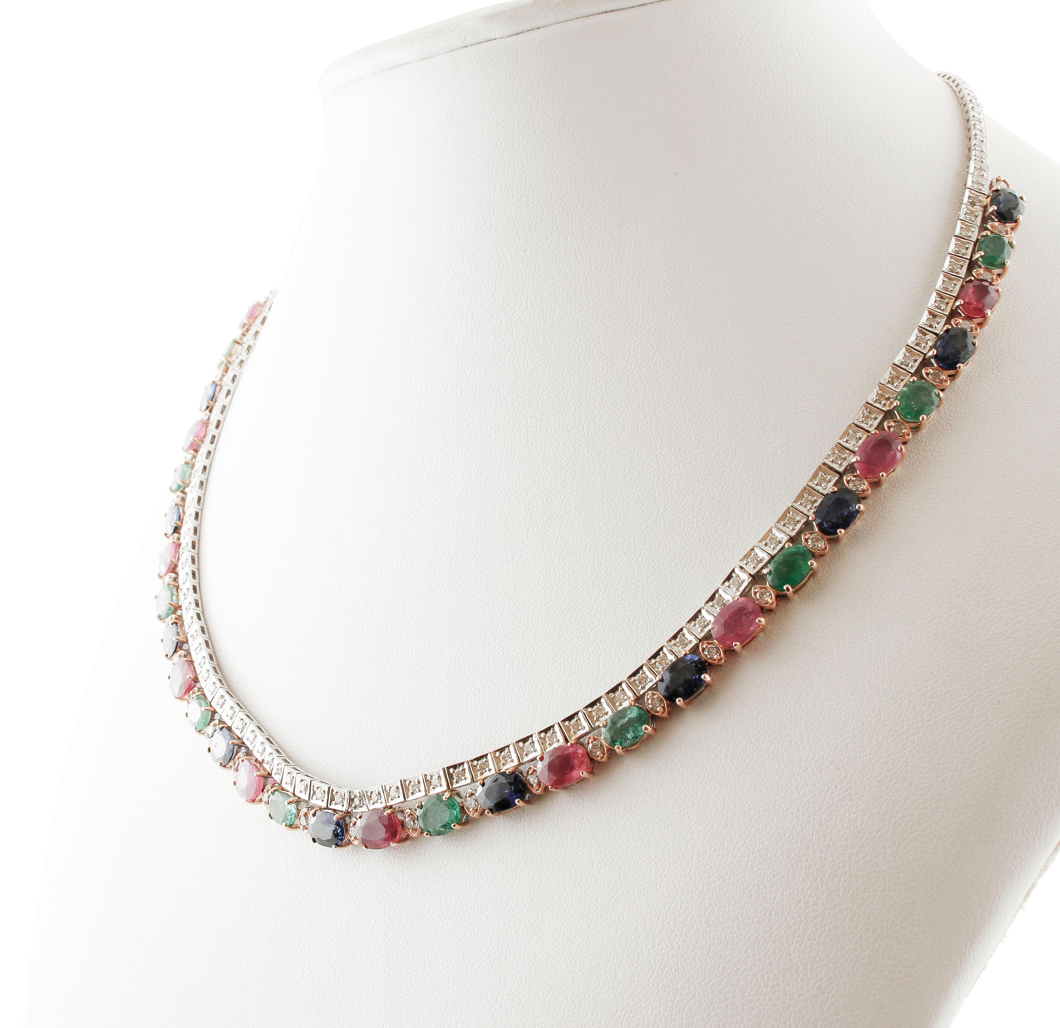 SHIPPING POLICY: 
No additional costs will be added to this order. 
Shipping costs will be totally covered by the seller (customs duties included).

Elegant link necklace composed of 3.74 ct of white diamonds rows adorned with 23.45 ct of rubies,